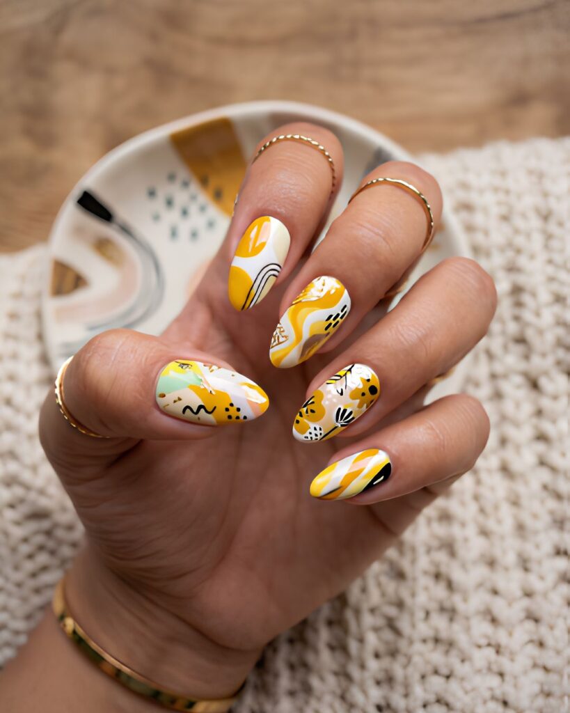 Abstract Yellow and White Nail Art