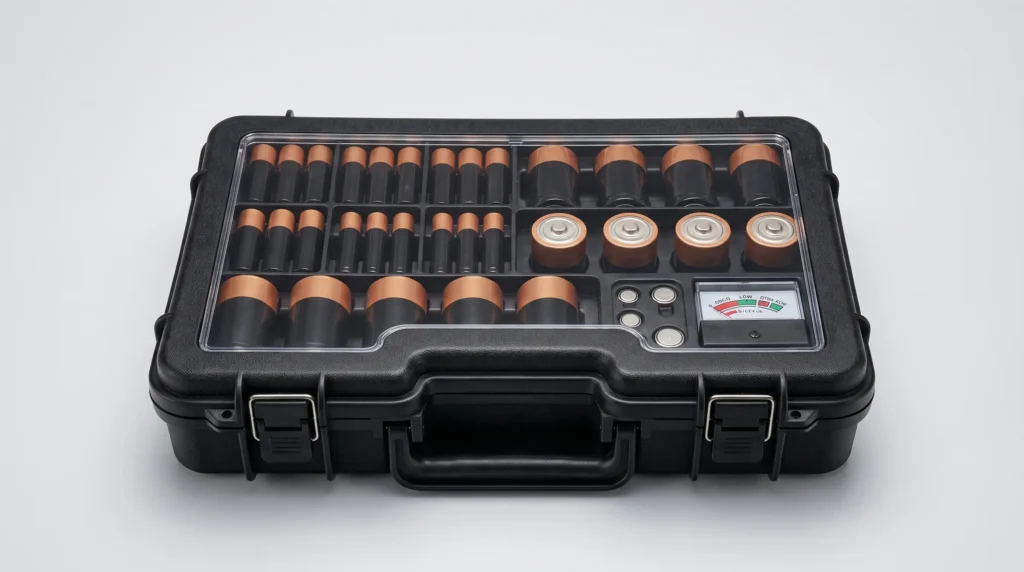 Battery organiser with tester
