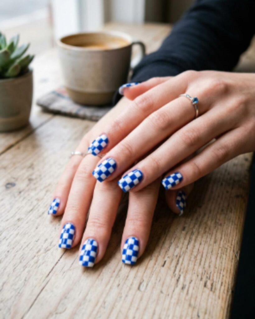 Blue Checkerboard Nails