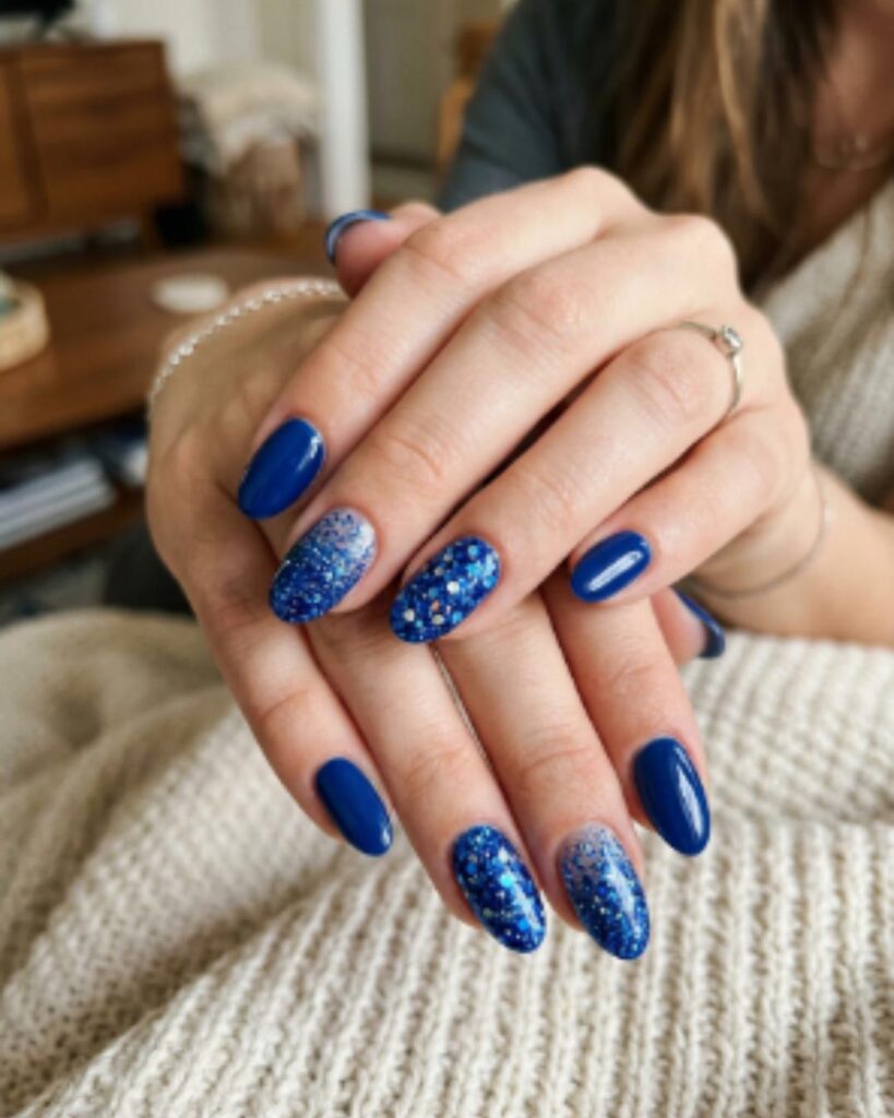 Blue Glitter Accent Nails
