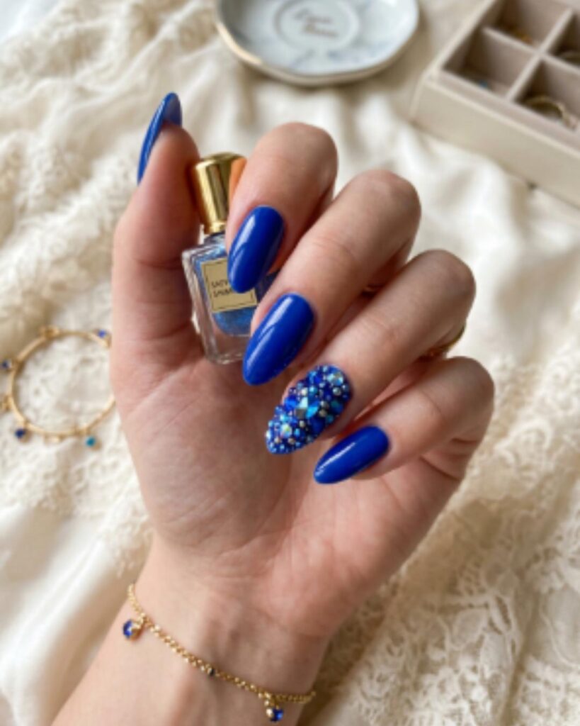 Blue Rhinestone Accent Nails