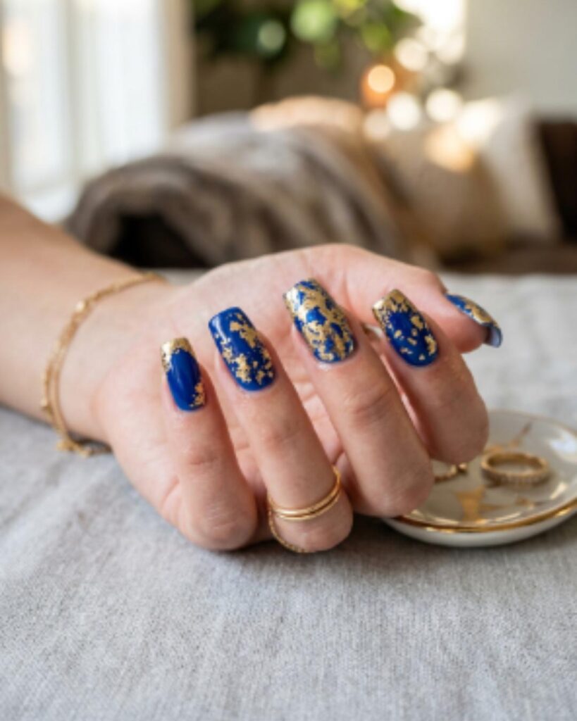 Blue and Gold Foil Nails