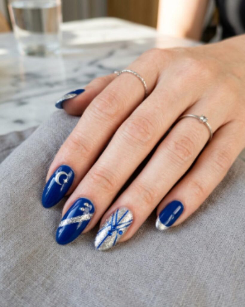 Blue and Silver Accent Nails
