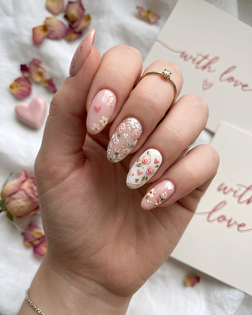 Blush Pink Floral Valentine Nails