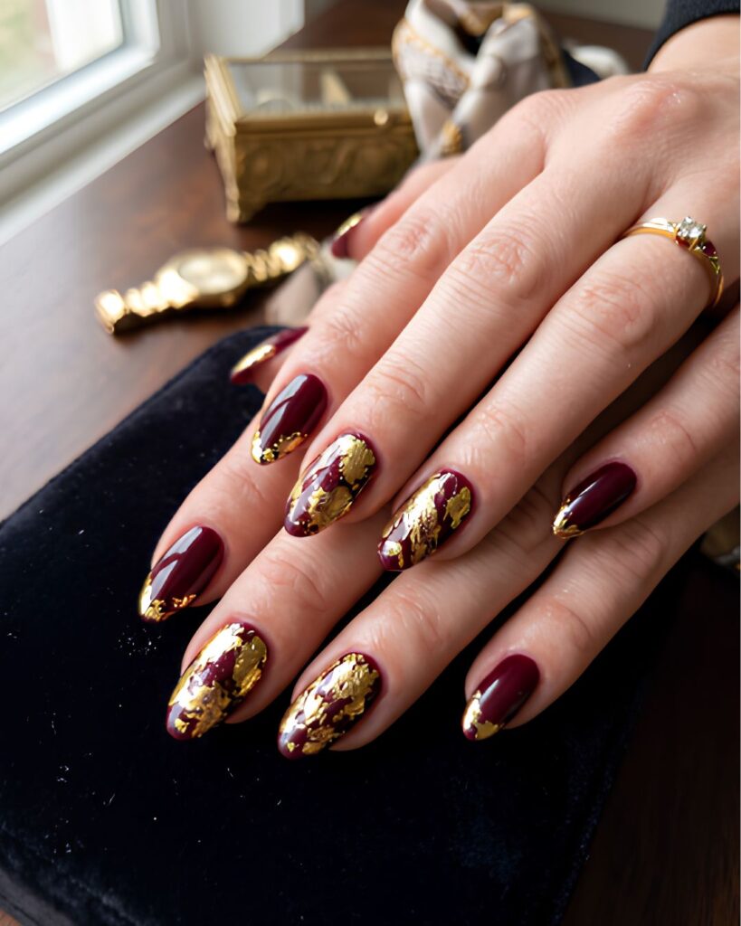 Burgundy and Gold Foil Nails