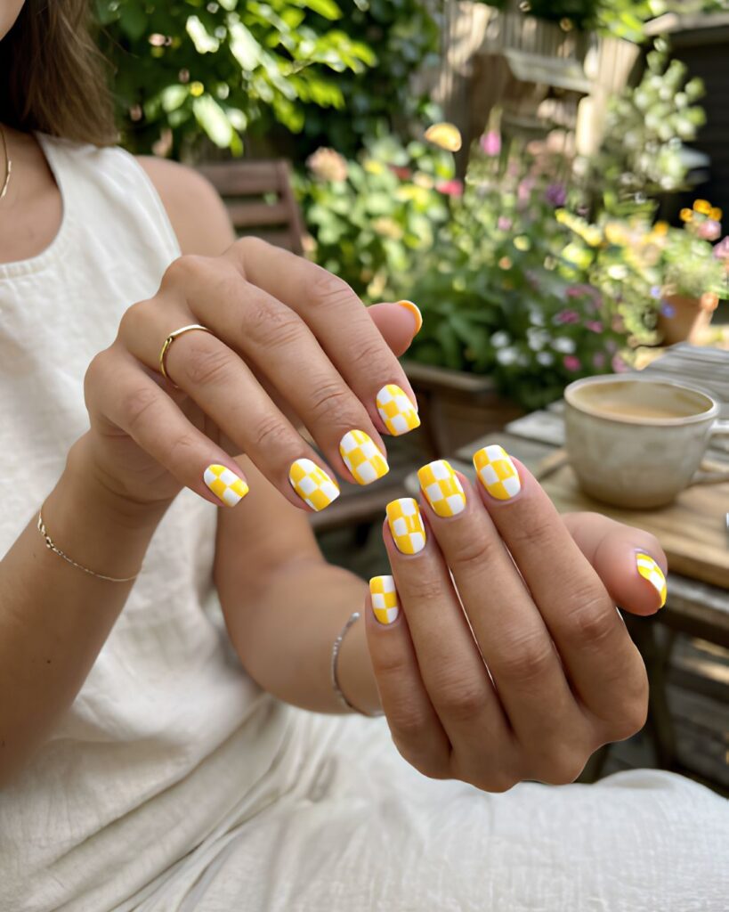 Checkerboard Yellow and White Nails