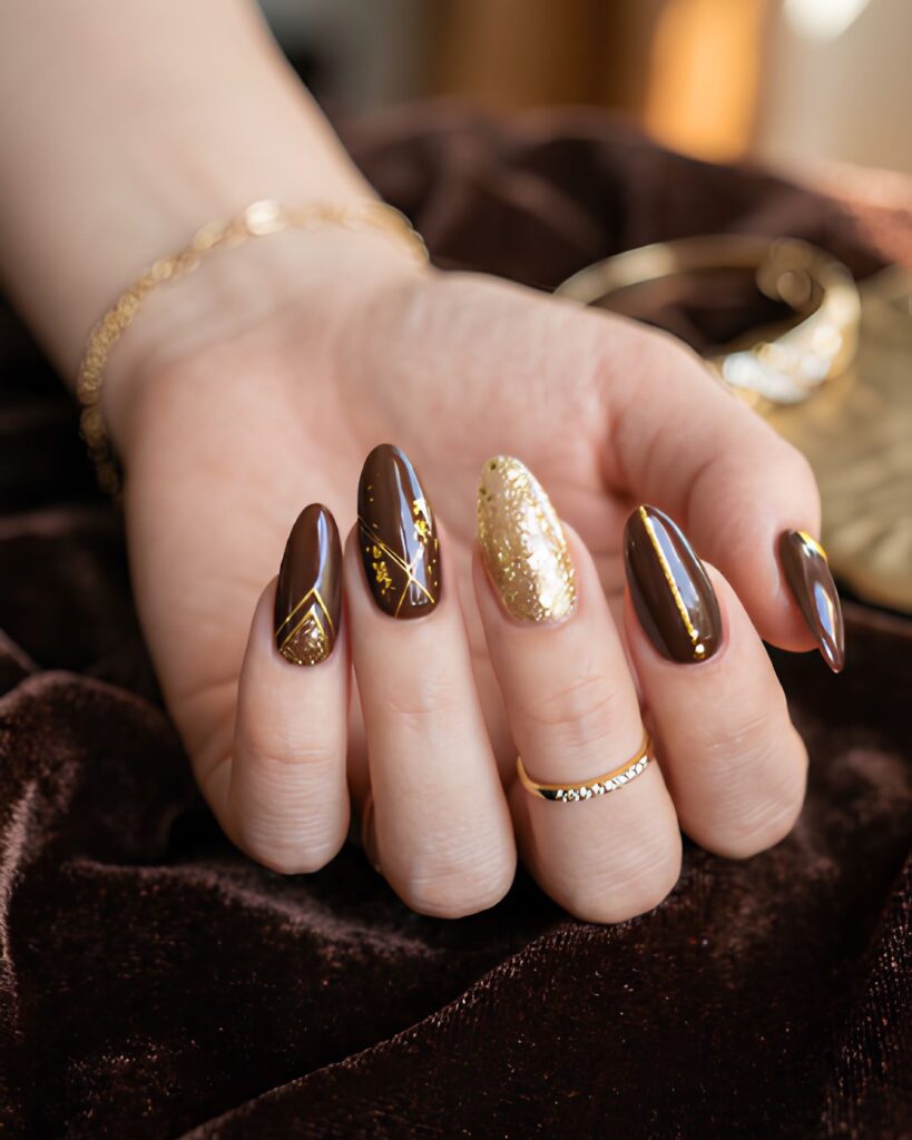 Chocolate Brown and Gold Nails