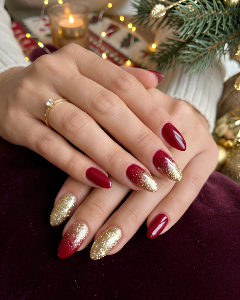 Classic Red and Gold Glitter Nails