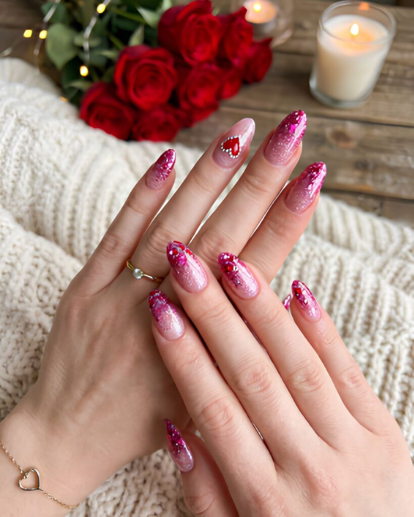 Glitter Ombre Valentine Nails