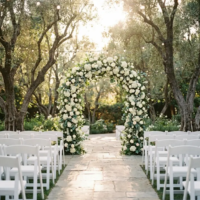 Luxury wedding floral arrangement with soft pink and white roses on tables at a reception
