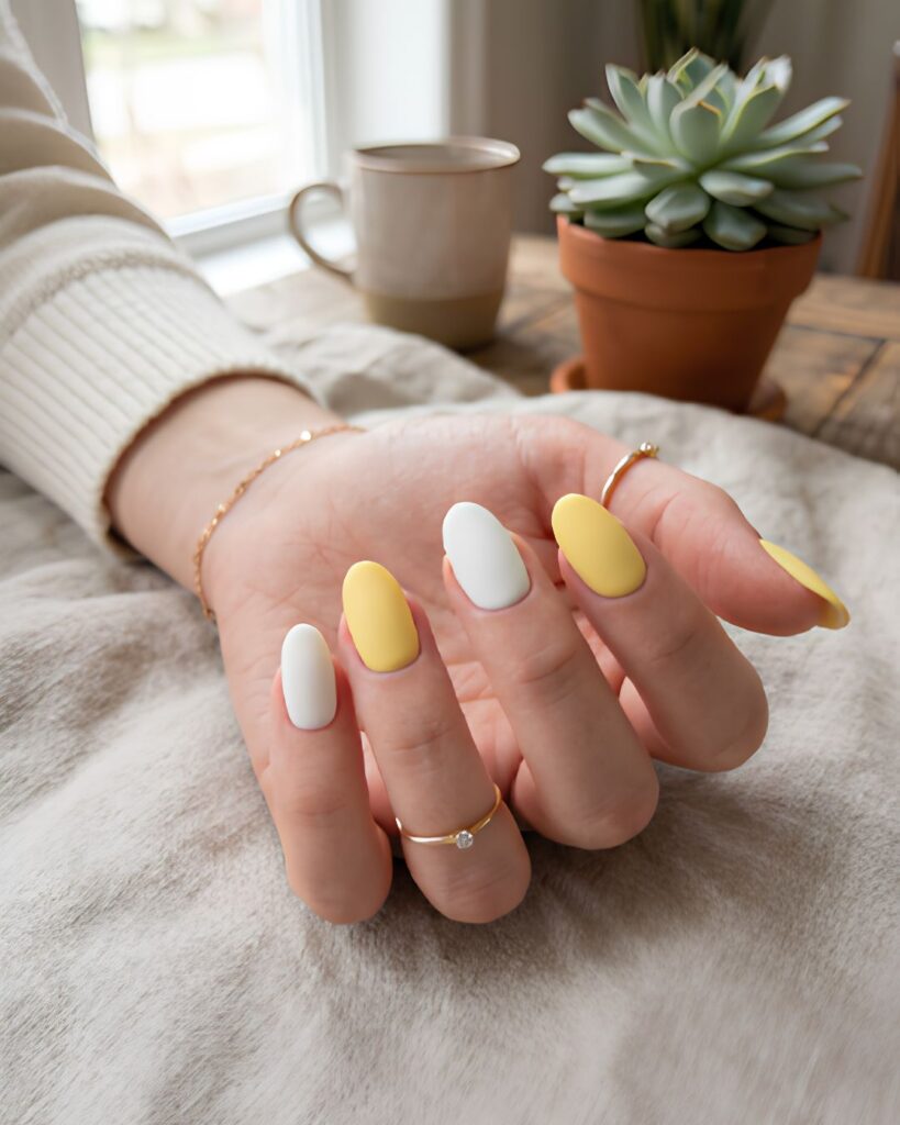 Matte Yellow and White Nails