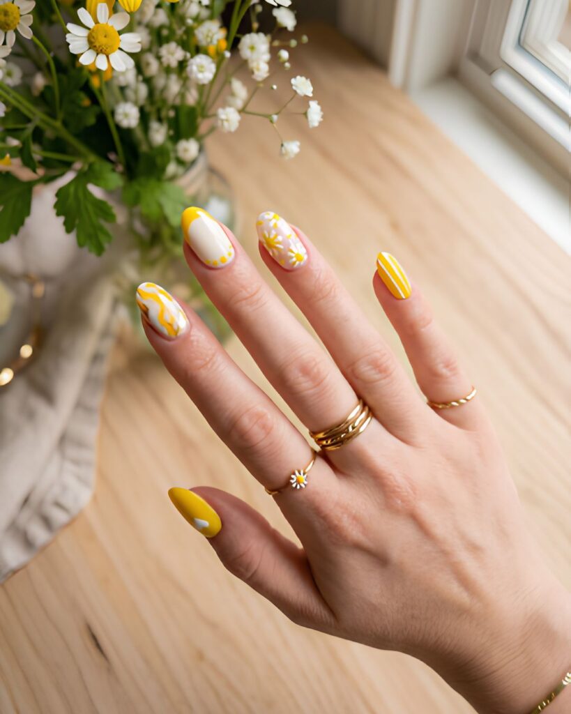 Mixed Yellow and White Nail Art