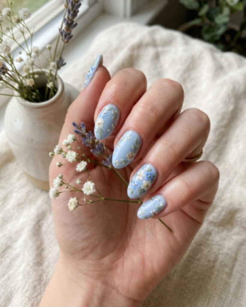 Pastel Blue Floral Nails