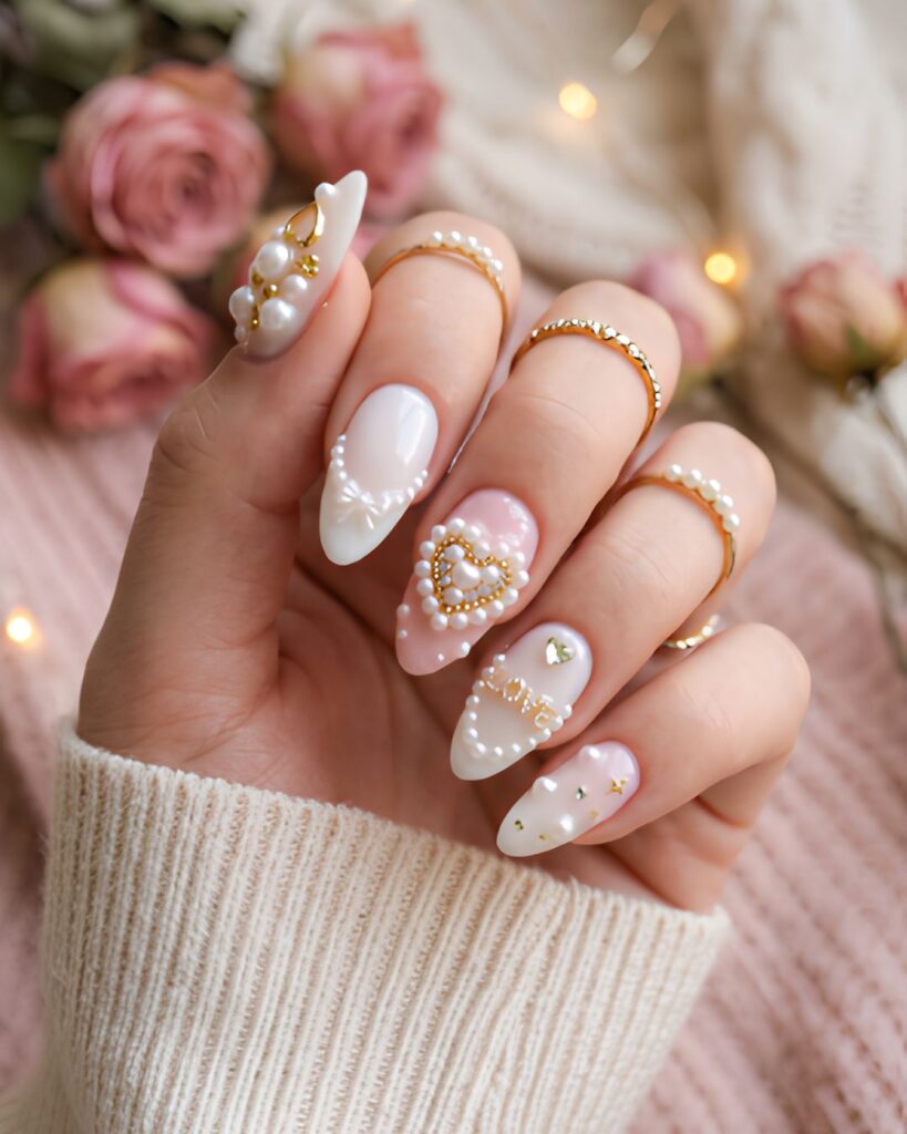Pearl Decorated Valentine Nails