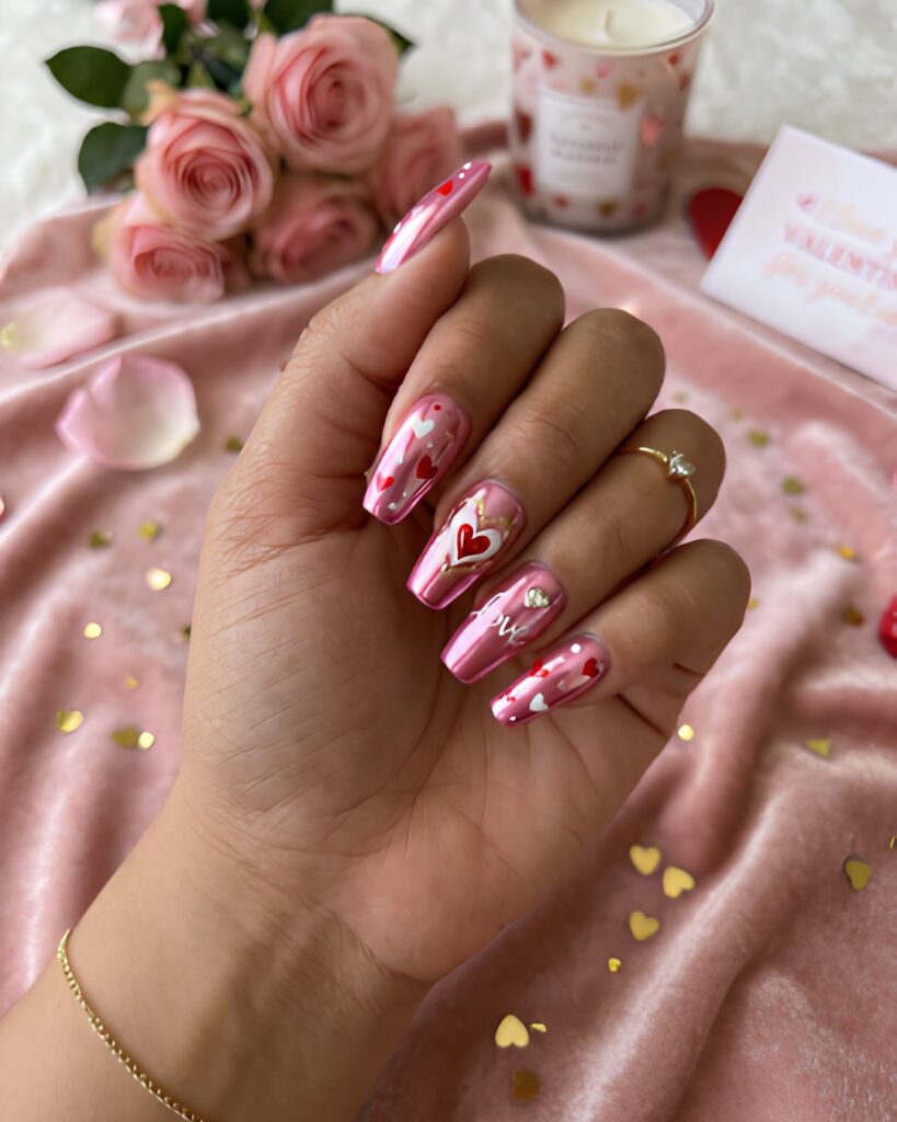 Pink Chrome Valentine Nails