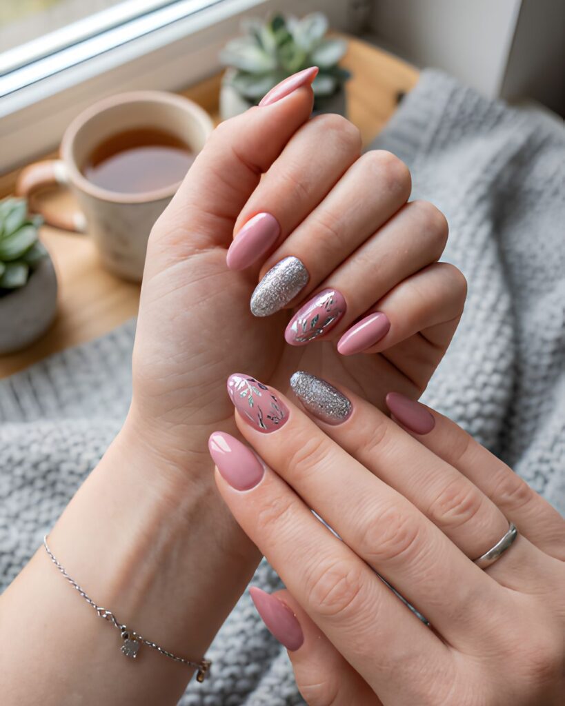 Pink and Silver Accent Nails