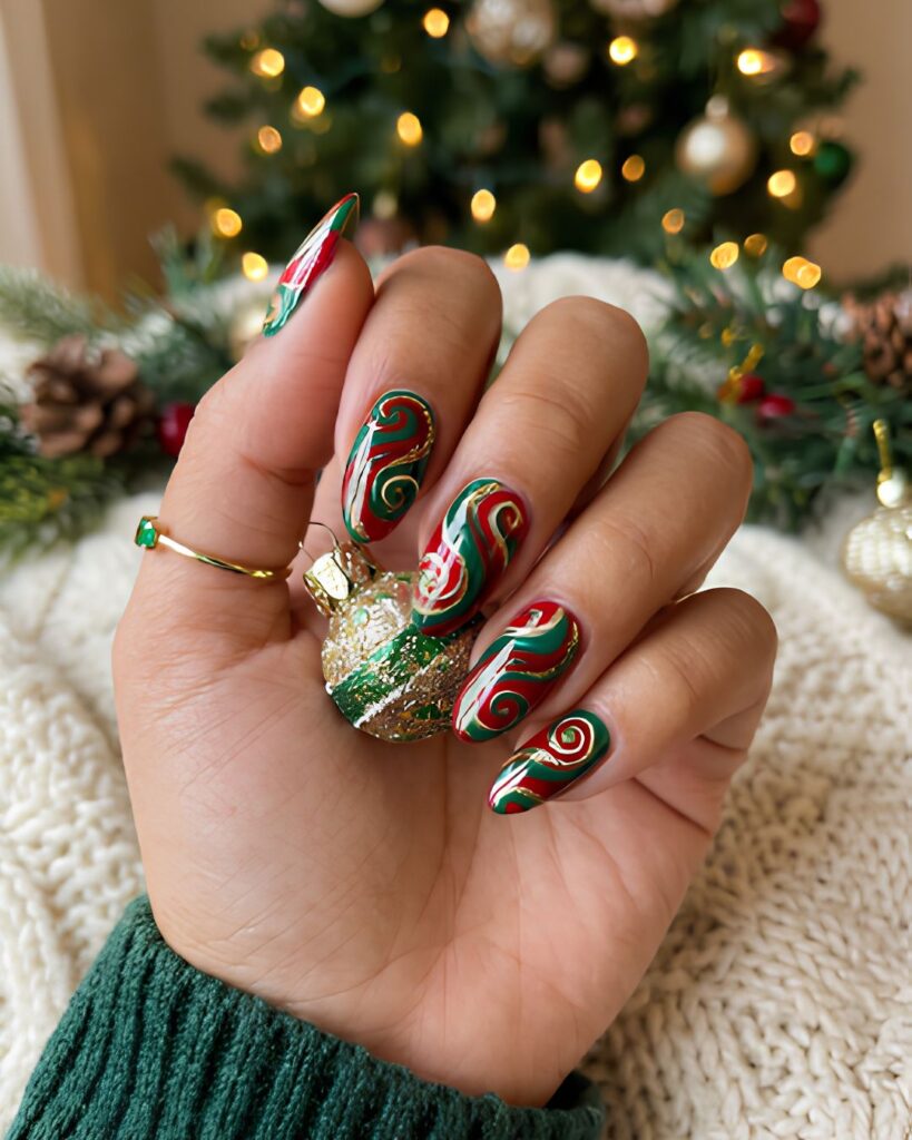 Red and Green Swirl Nails