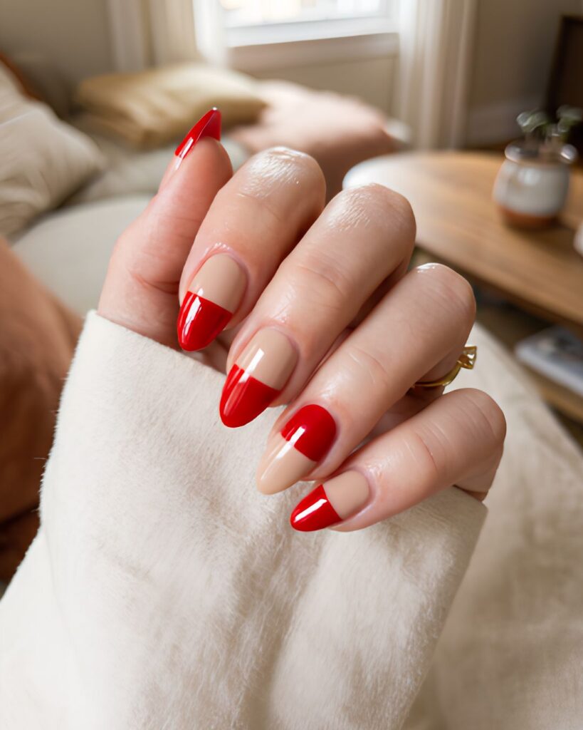 Red and Nude Split Nails