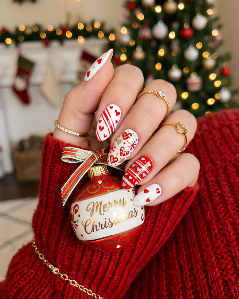 Red and White Heart Holiday Nails
