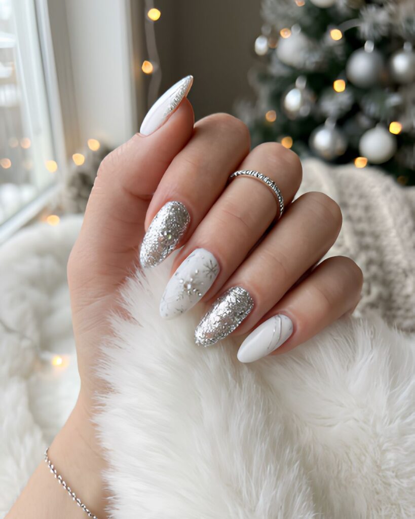Silver and White Winter Glam Nails