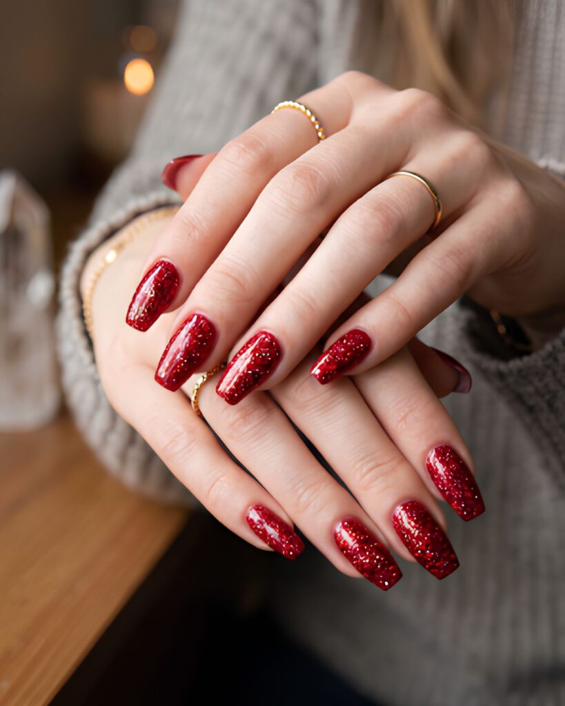 Sparkling Red Glitter Nails