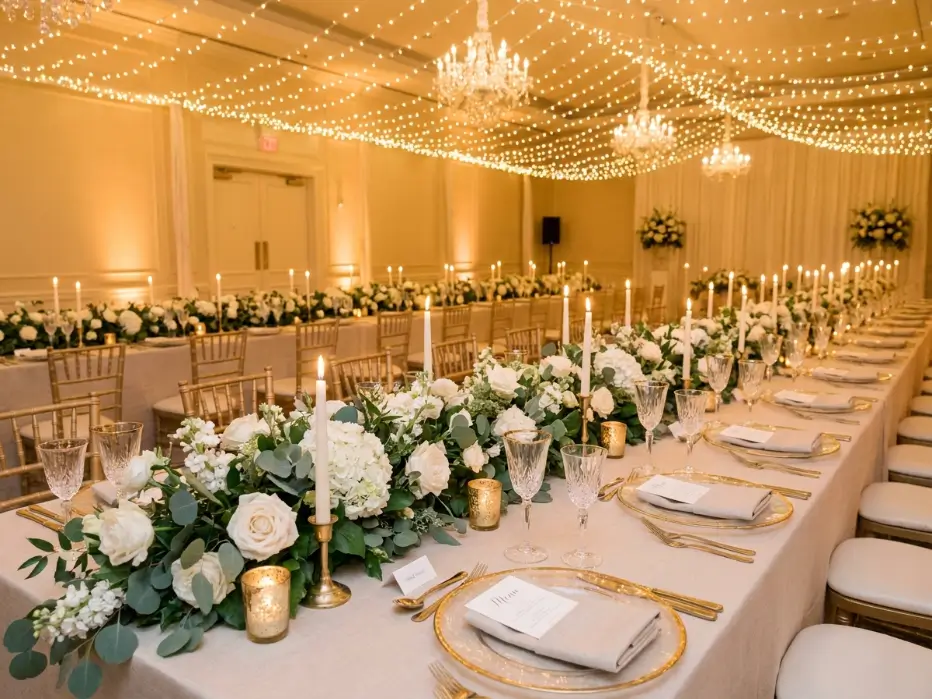 Beautiful wedding dinner reception table setting with candles and glassware