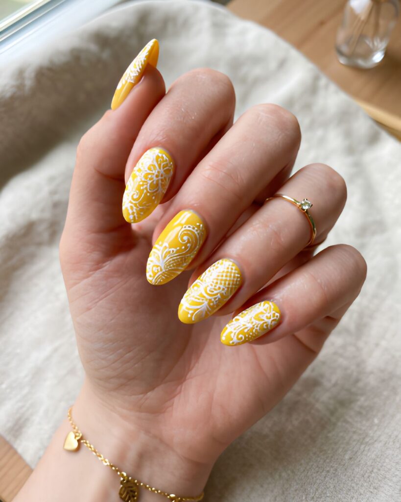 White Lace Over Yellow Nails
