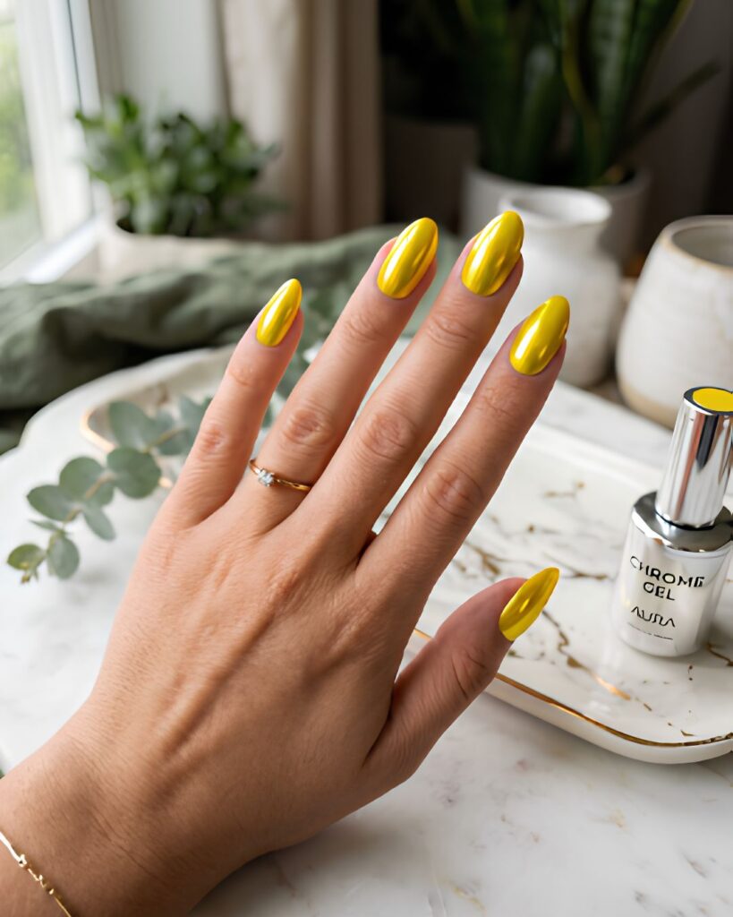 Yellow Chrome Nails with White Base