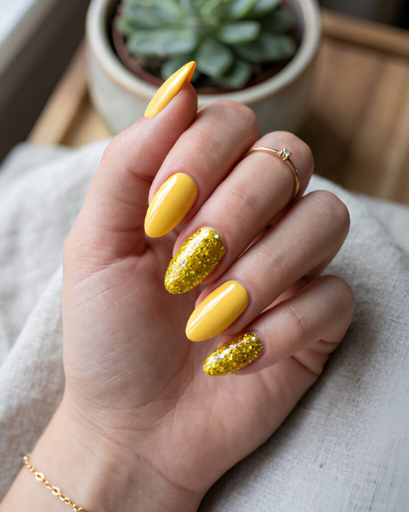 Yellow Glitter Accent Nails