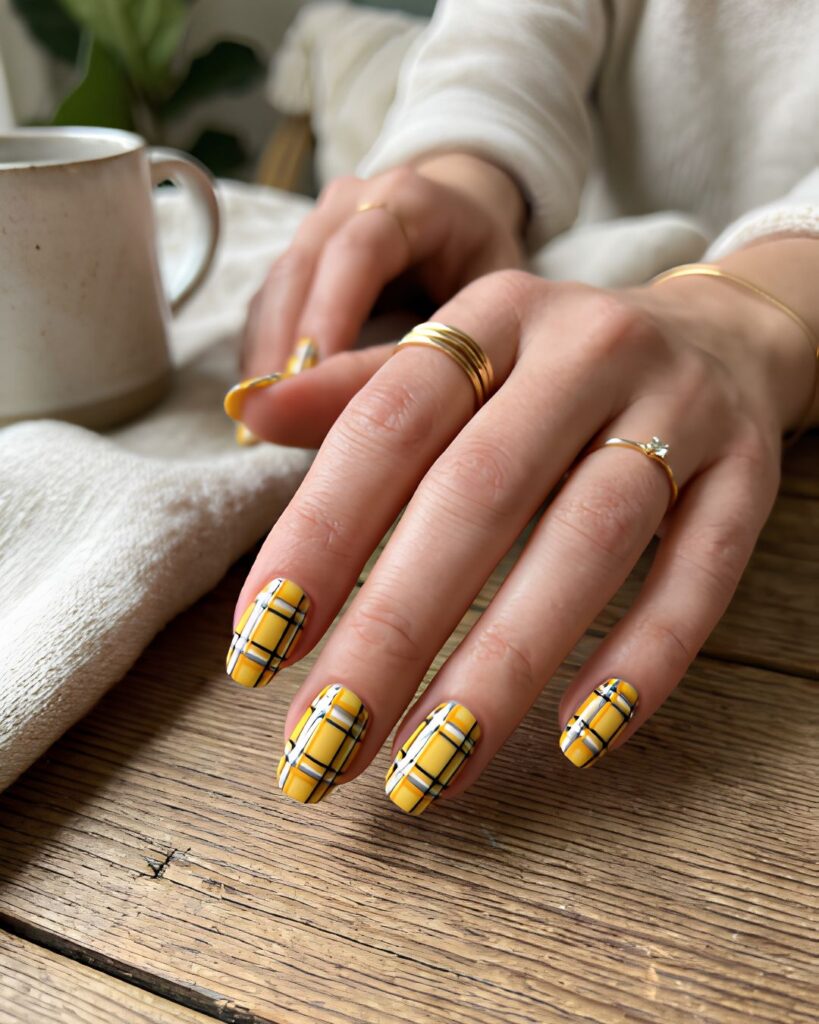 Yellow Plaid Pattern Nails
