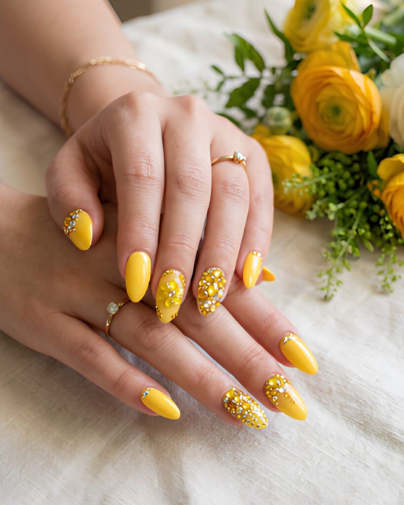 Yellow Rhinestone Accent Nails