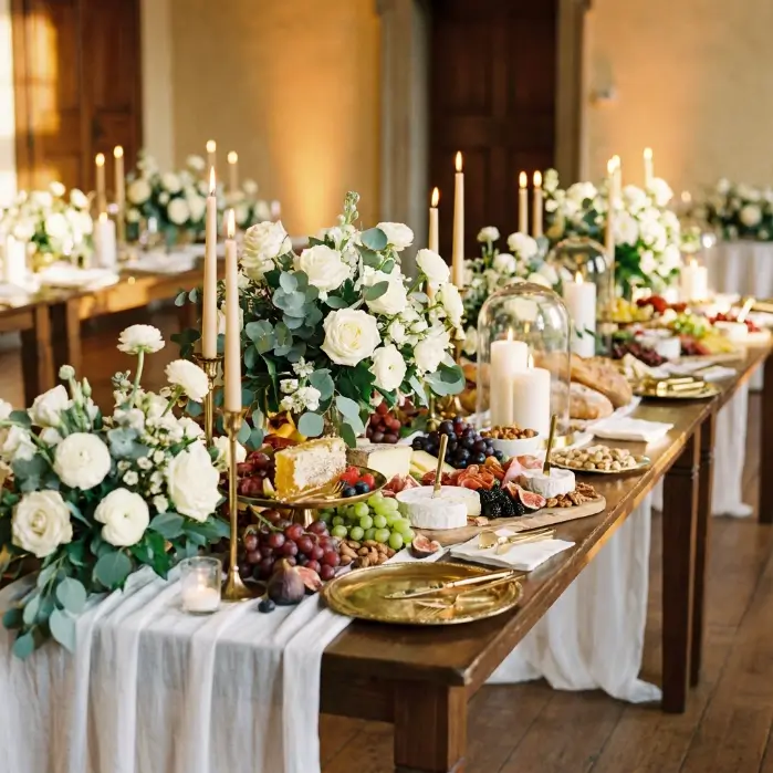 Beautiful wedding dinner reception table setting with candles and glassware