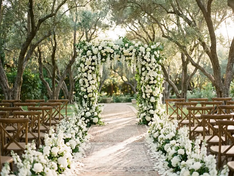 Luxury wedding floral arrangement with soft pink and white roses on tables at a reception