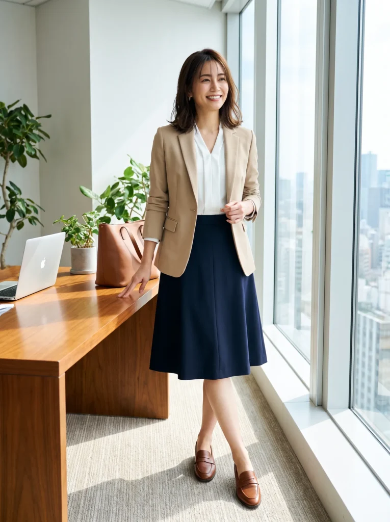 A line skirt with a blazer and loafers