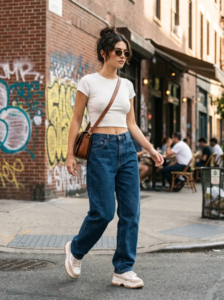 Baggy jeans with a fitted crop top