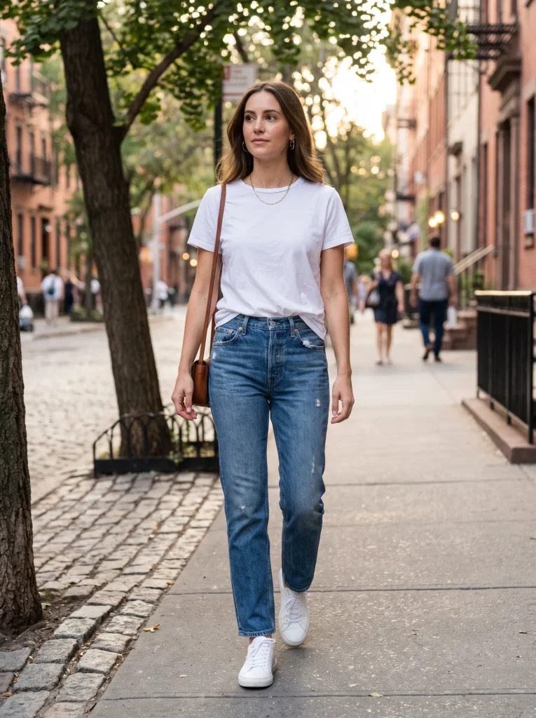 Classic blue jeans with a white tee