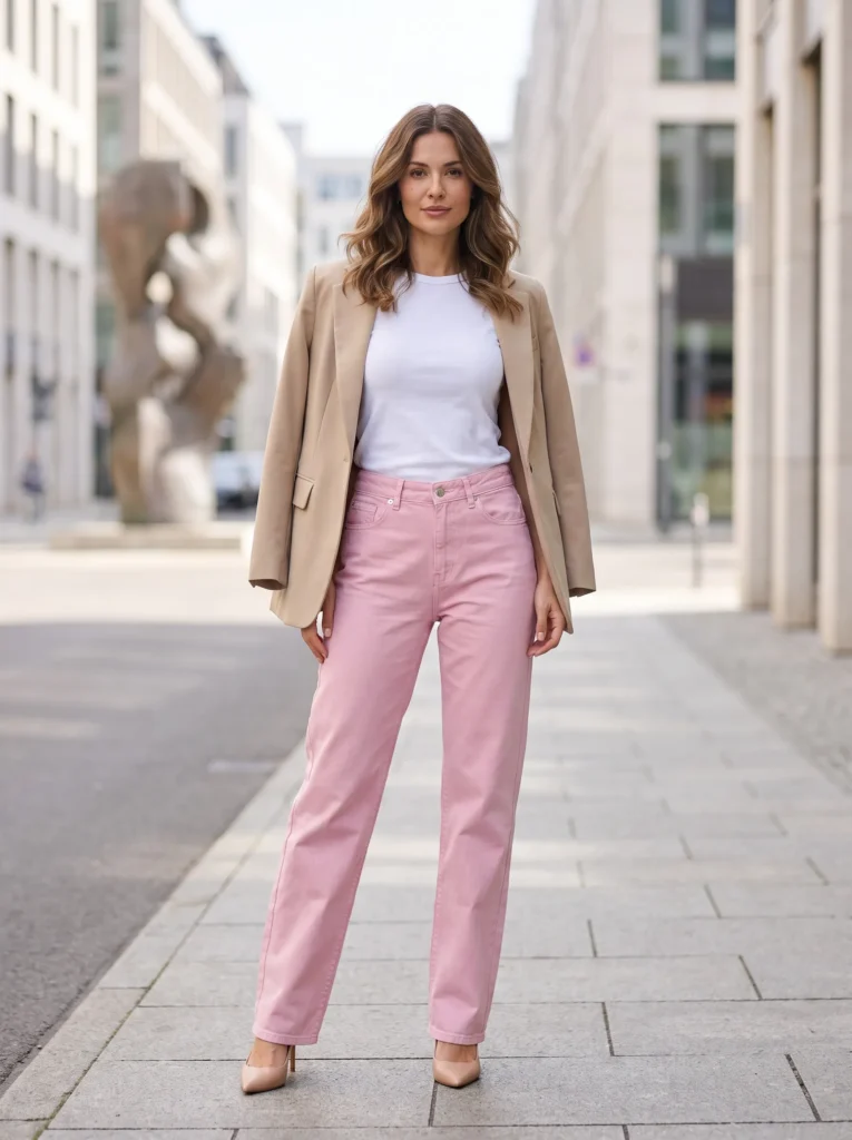 Colored denim with neutral basics