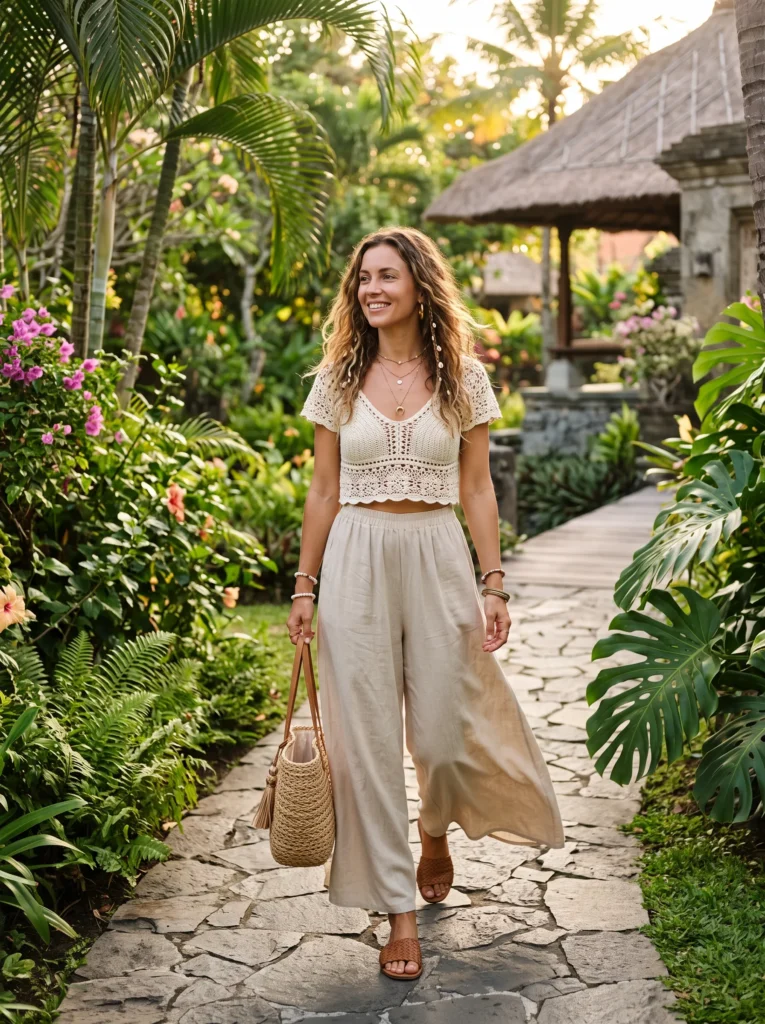 Crochet top with wide leg pants