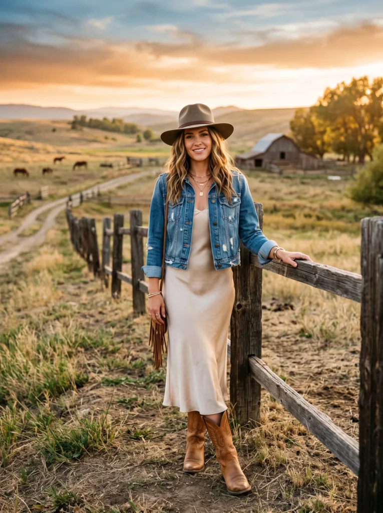 Cropped denim jacket and slip dress