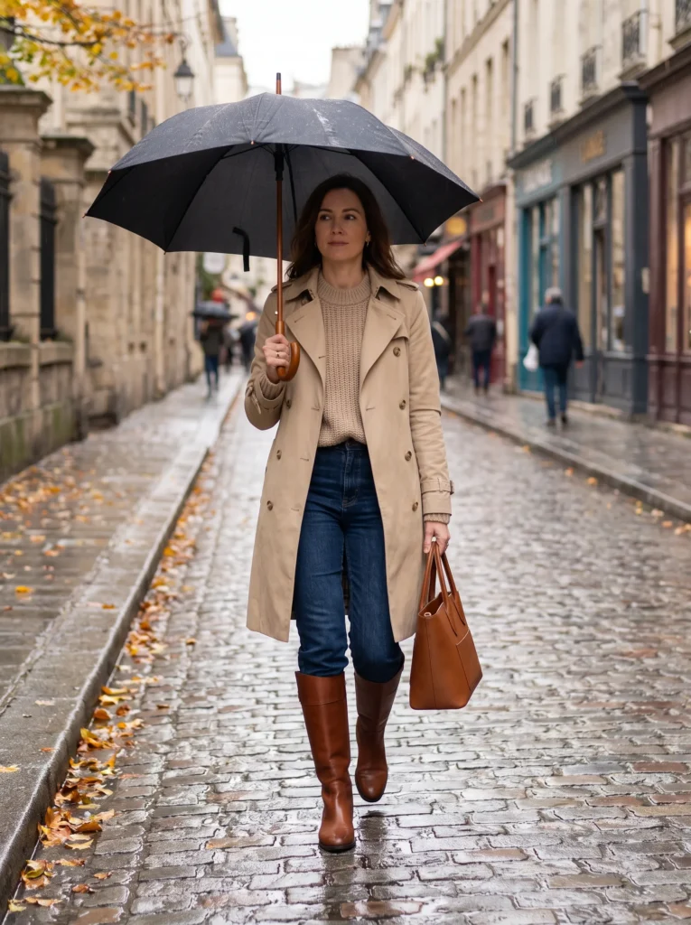 Cropped jeans with tall boots and a trench