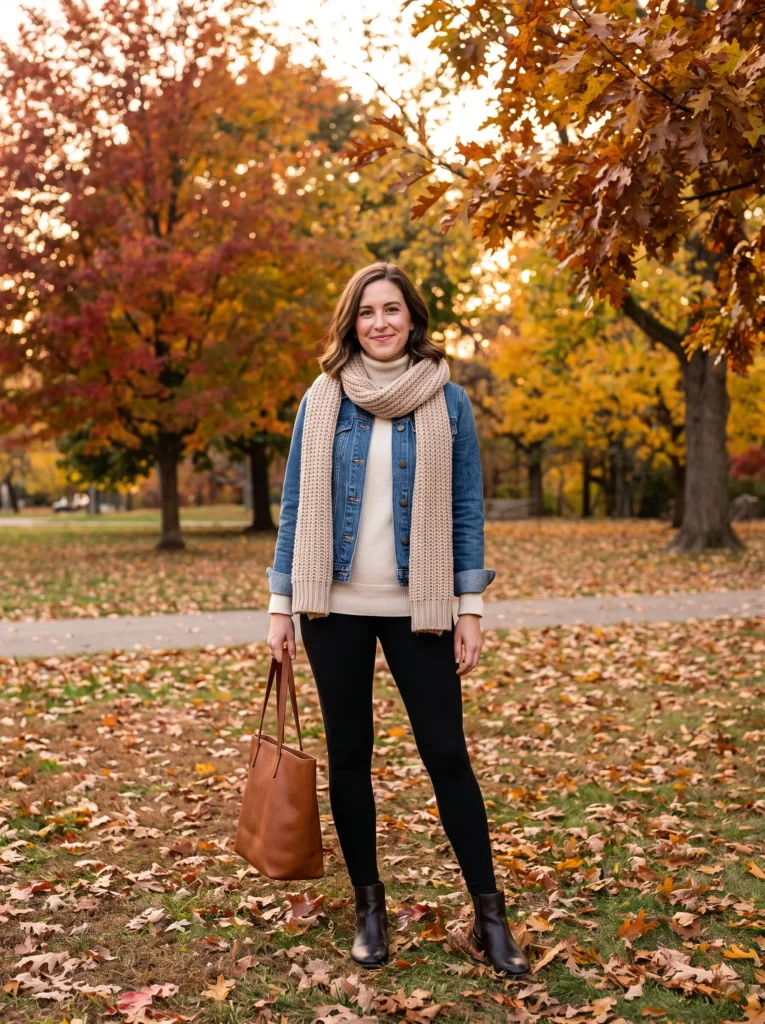 Denim jacket over a turtleneck with leggings
