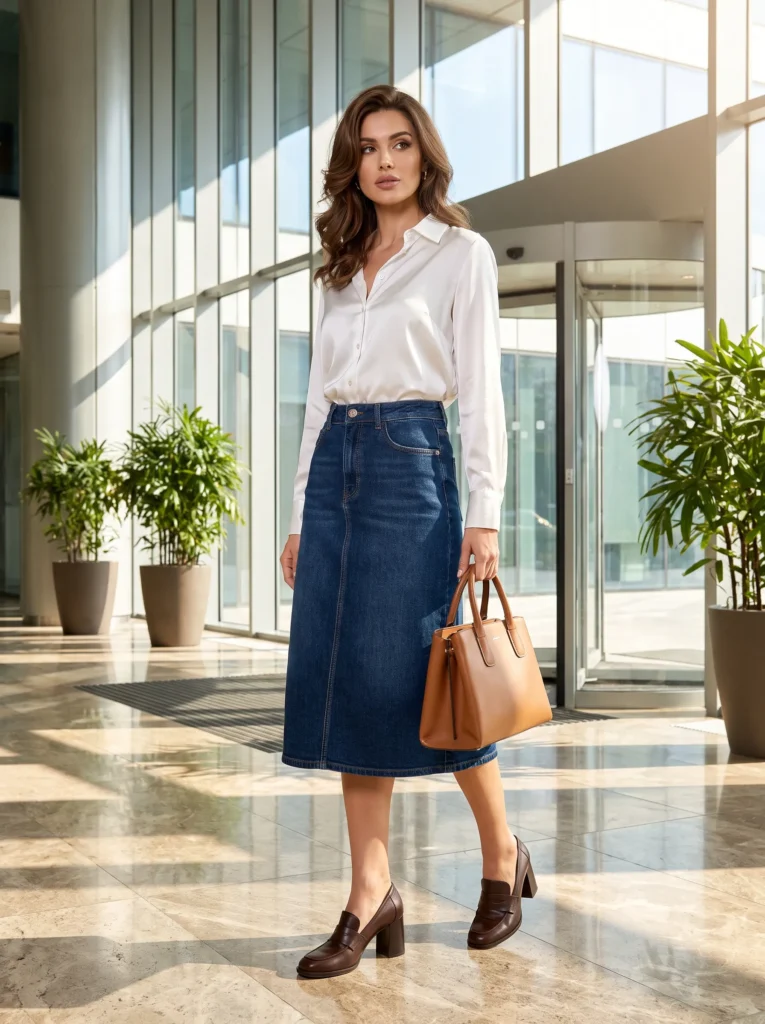 Denim midi skirt with a tucked blouse