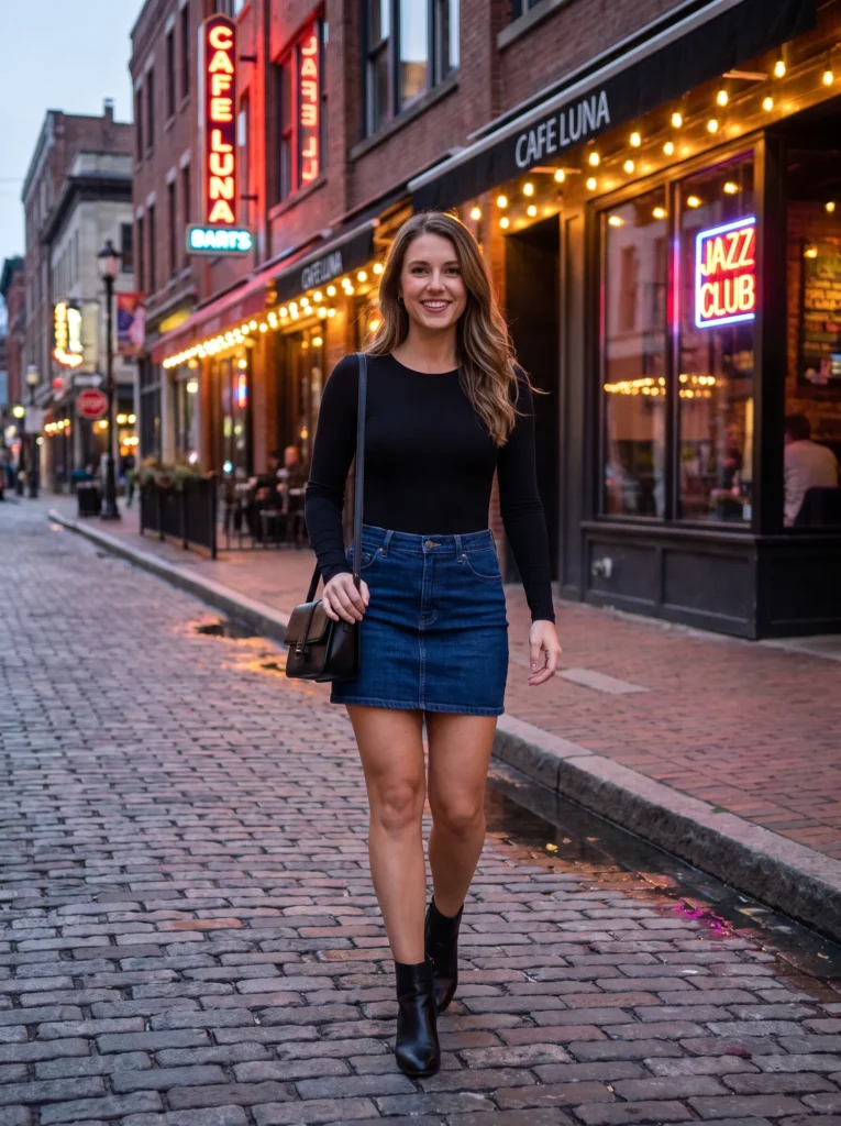 Denim mini skirt with a bodysuit