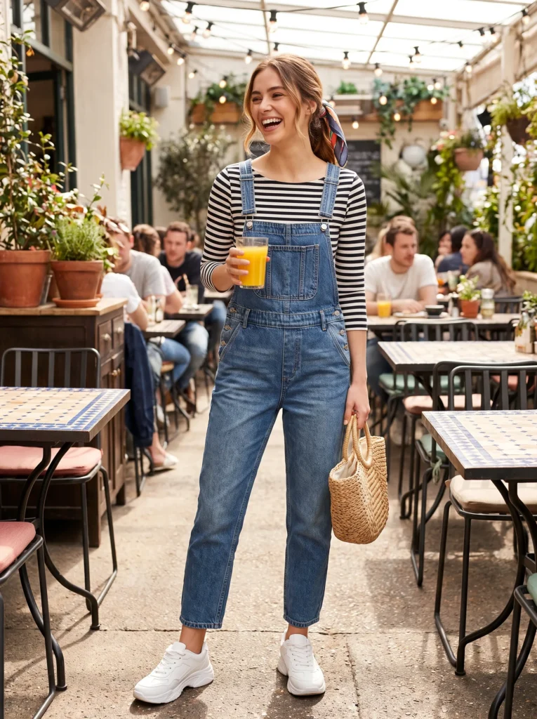 Denim overalls with a striped top