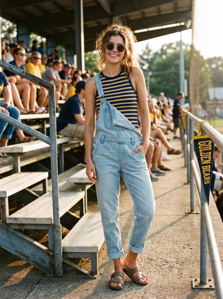 Denim overalls with a team tank top