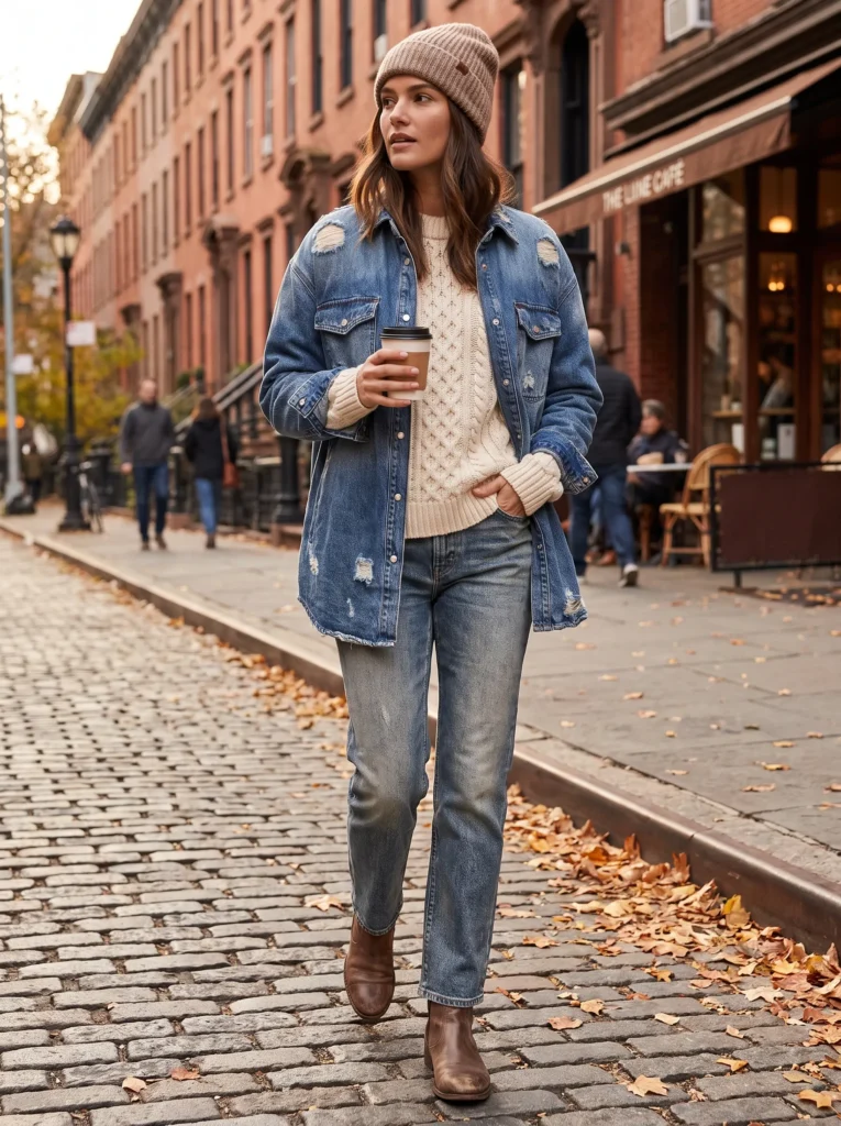 Denim overshirt with a sweater underneath