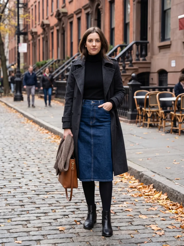 Denim skirt with tights and a turtleneck