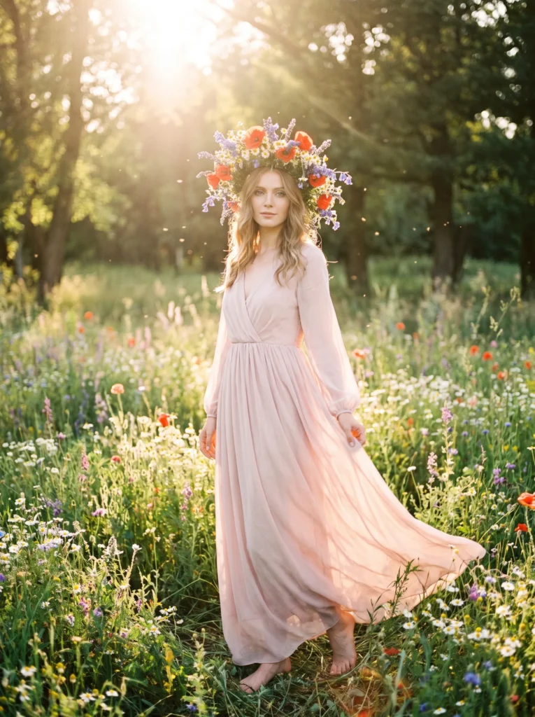 Flower crown and flowy dress