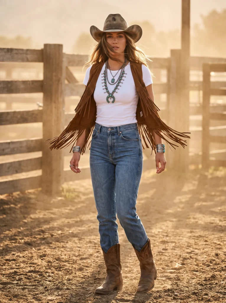 Fringe vest over a white top
