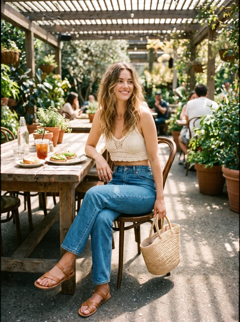 High waisted jeans with a crochet top